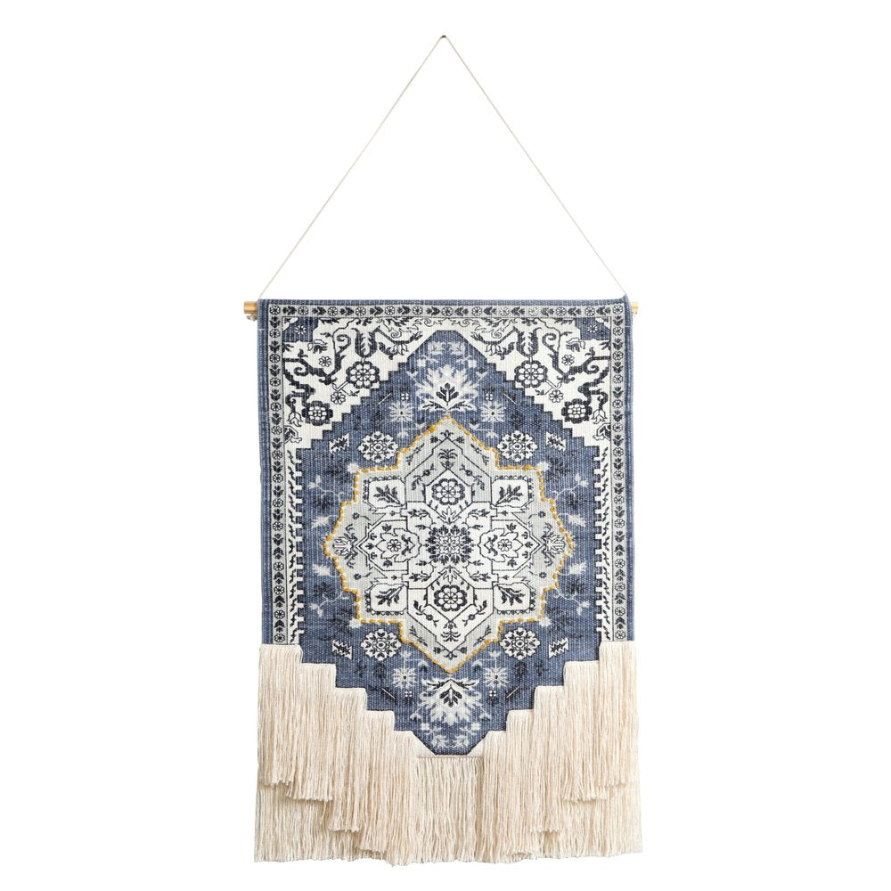26" X 49" Blue And White Flower Floral Cotton Macrame Hanging Tapestry