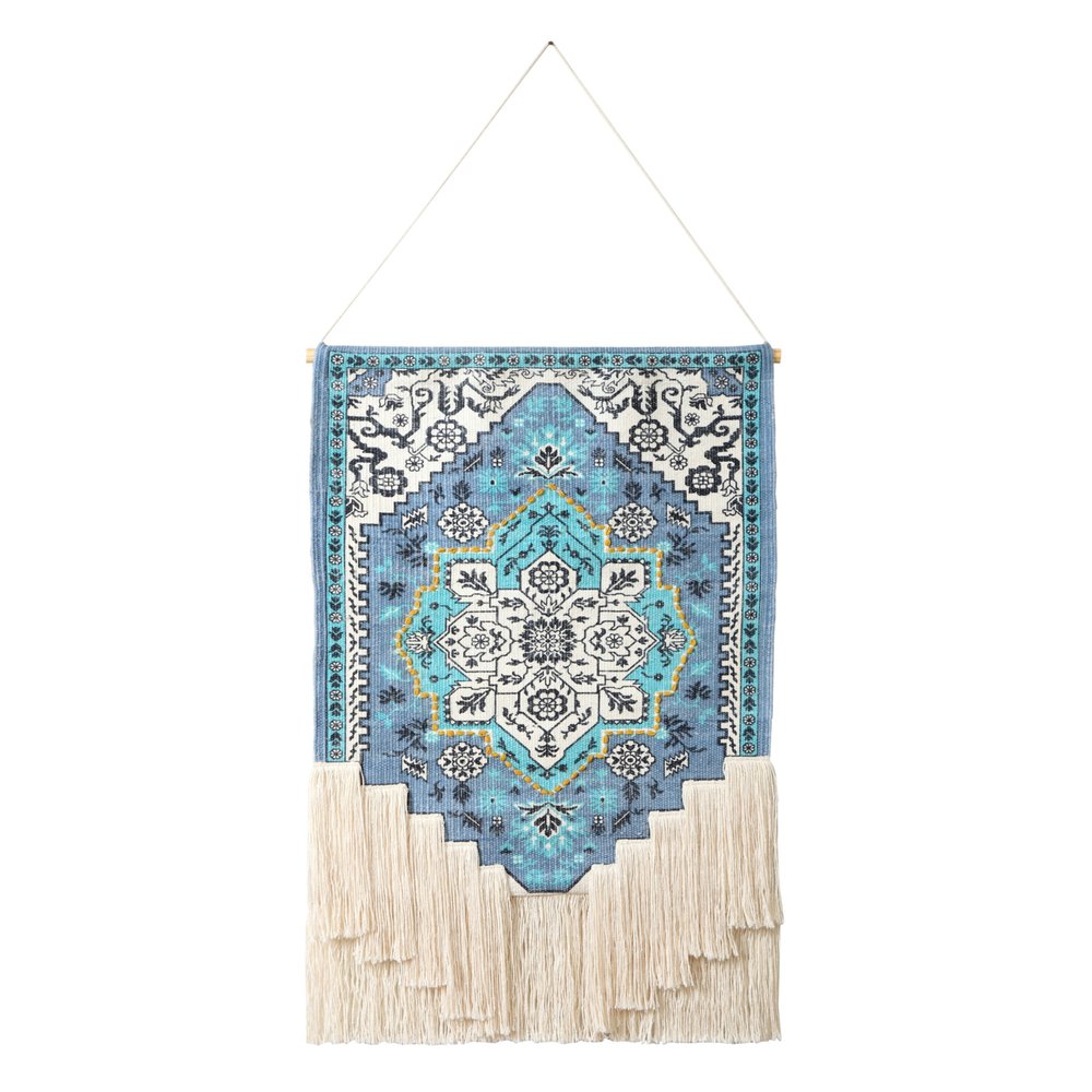 26" X 45" Blue Aqua And Ivory Flower Floral Cotton Macrame Hanging Tapestry