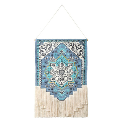 45" X 26" Blue Aqua And Ivory Flower Floral Cotton Macrame Hanging Tapestry