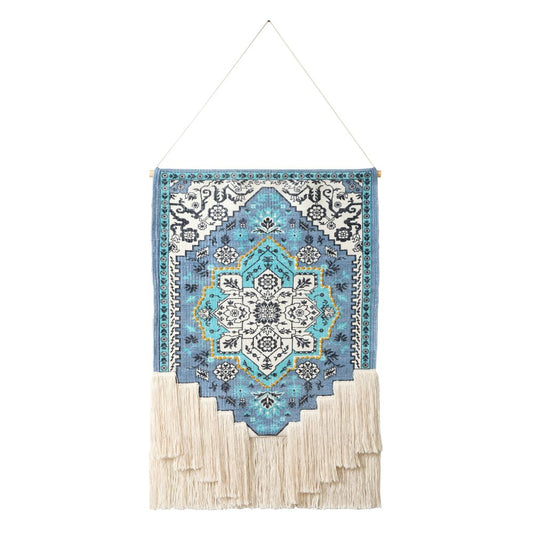 45" X 26" Blue Aqua And Ivory Flower Floral Cotton Macrame Hanging Tapestry
