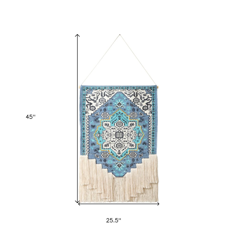 26" X 45" Blue Aqua And Ivory Flower Floral Cotton Macrame Hanging Tapestry