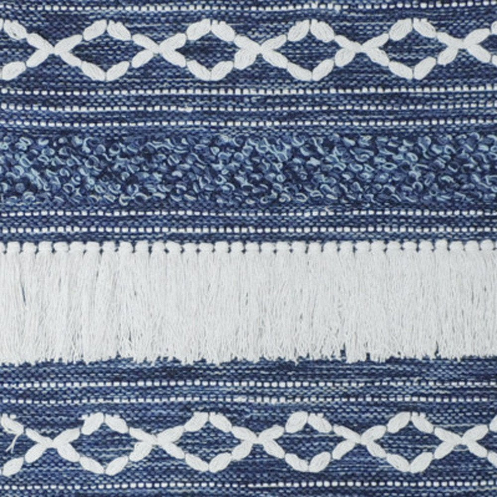 26" X 51" Denim Blue And White Geometric Cotton Macrame Hanging Tapestry