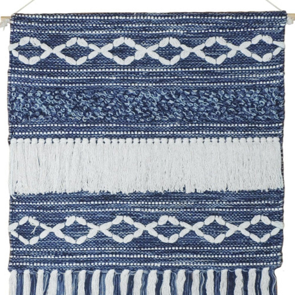 26" X 51" Denim Blue And White Geometric Cotton Macrame Hanging Tapestry