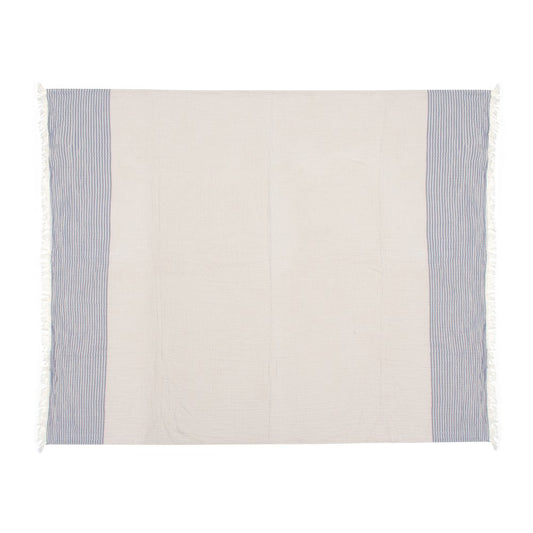 47" X 60" Blue and Ivory Cotton Woven Striped Throw Blanket with Fringe
