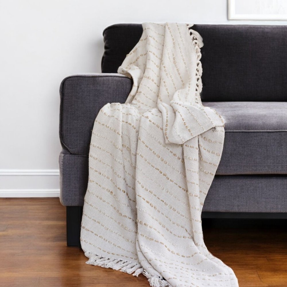 50" X 60" White and Beige Cotton Blend Woven Striped Throw Blanket with Fringe