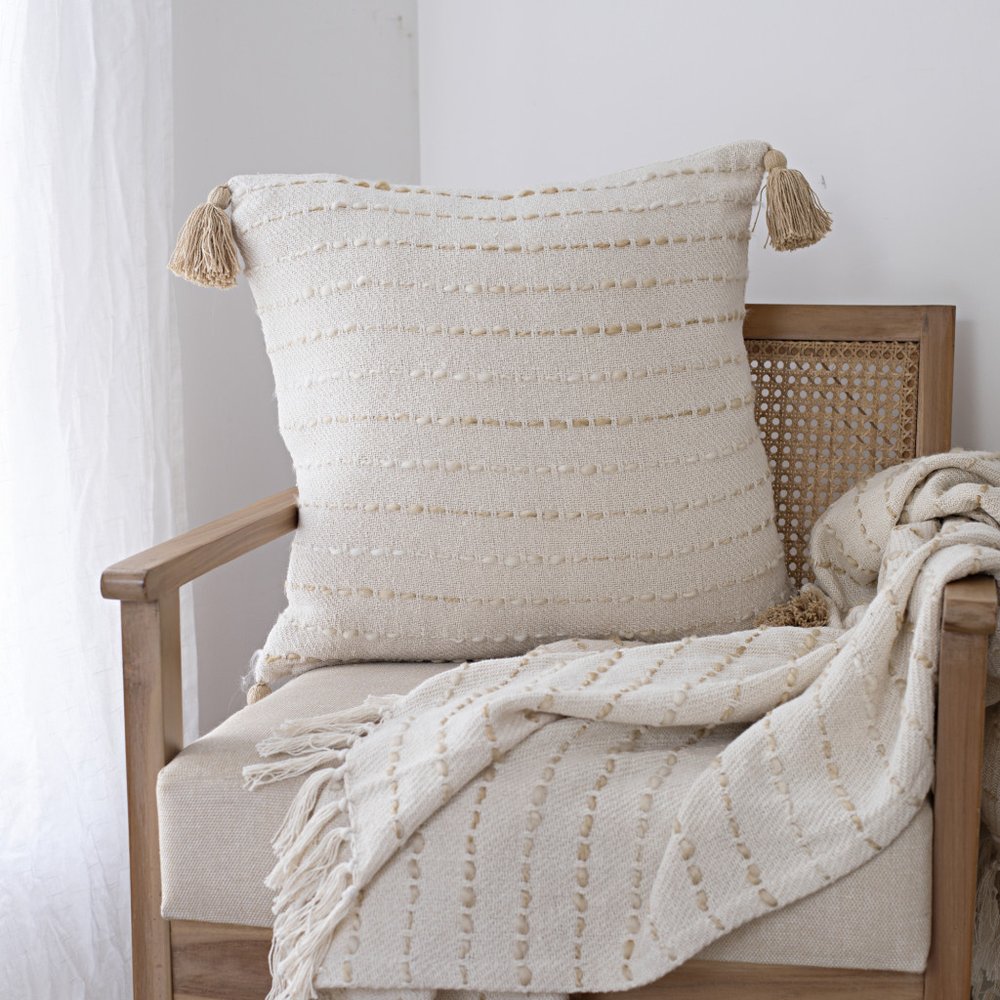 50" X 60" White and Beige Cotton Blend Woven Striped Throw Blanket with Fringe