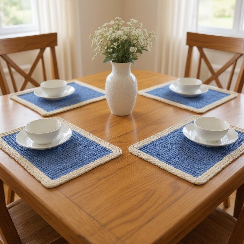 19" Set of Four Blue And Natural Solid With Border Cotton Placemats