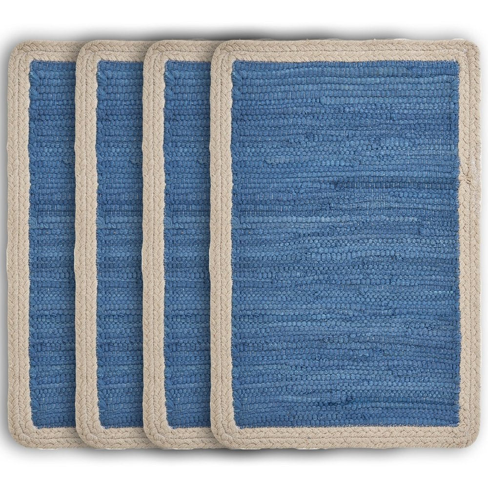 19" Set of Four Blue And Natural Solid With Border Cotton Placemats