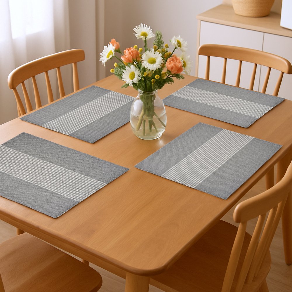 19" Set of Four Gray And White Striped Cotton Placemats