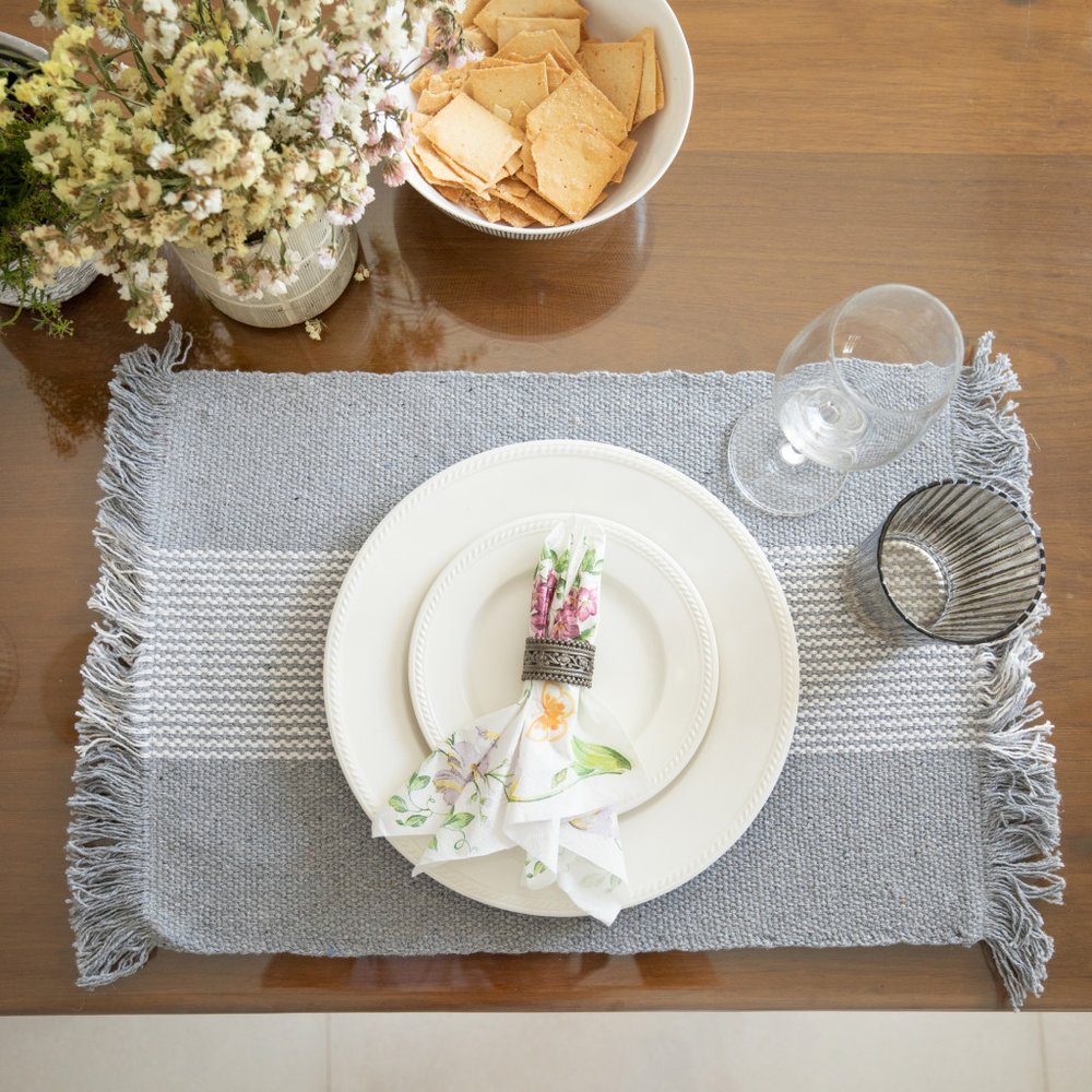 19" Set of Four Gray And White Striped Cotton Placemats