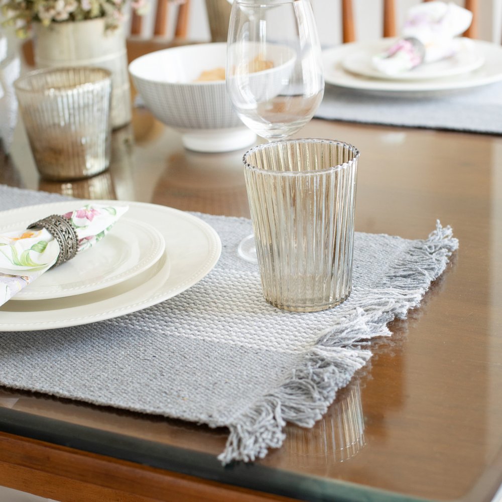 19" Set of Four Gray And White Striped Cotton Placemats