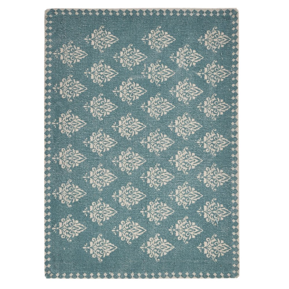 19" Set of Four Cream And Turquoise Damask Cotton Placemats