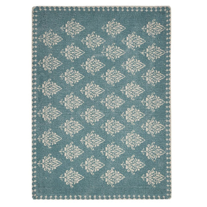 19" Set of Four Cream And Turquoise Damask Cotton Placemats