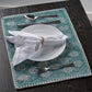 19" Set of Four Cream And Turquoise Damask Cotton Placemats