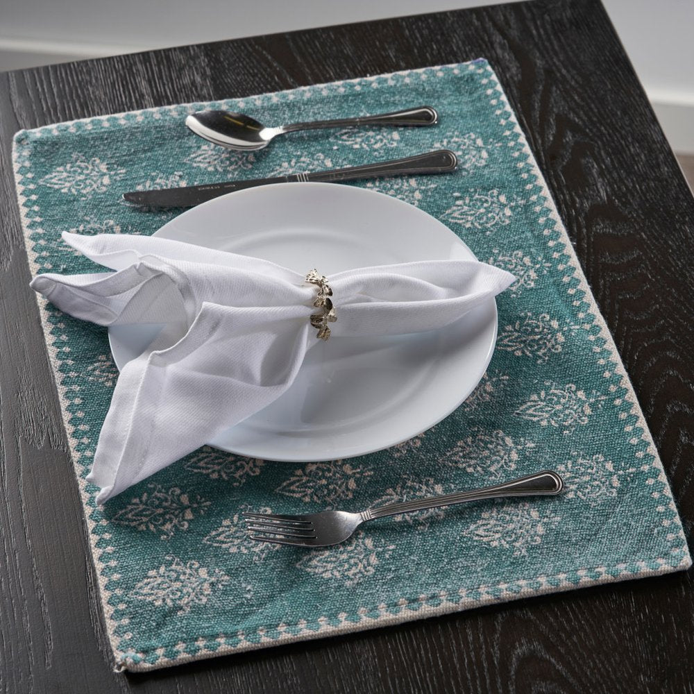19" Set of Four Cream And Turquoise Damask Cotton Placemats