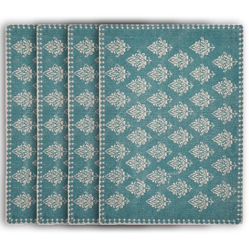 19" Set of Four Cream And Turquoise Damask Cotton Placemats