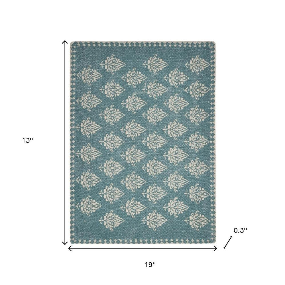 19" Set of Four Cream And Turquoise Damask Cotton Placemats