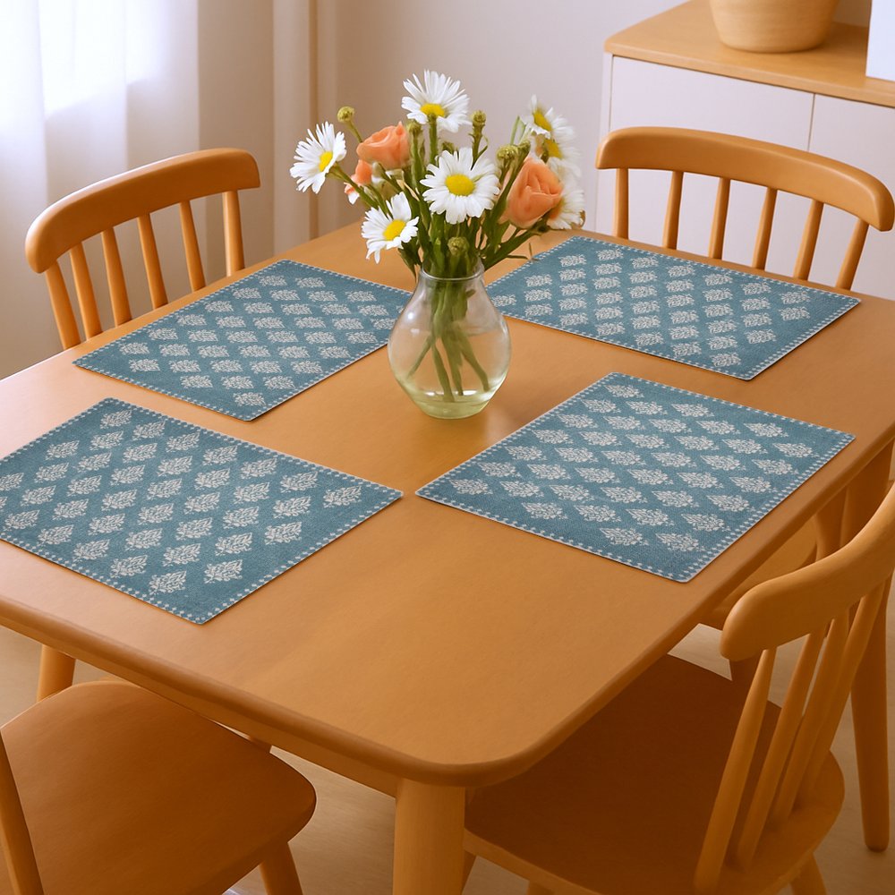 19" Set of Four Cream And Turquoise Damask Cotton Placemats