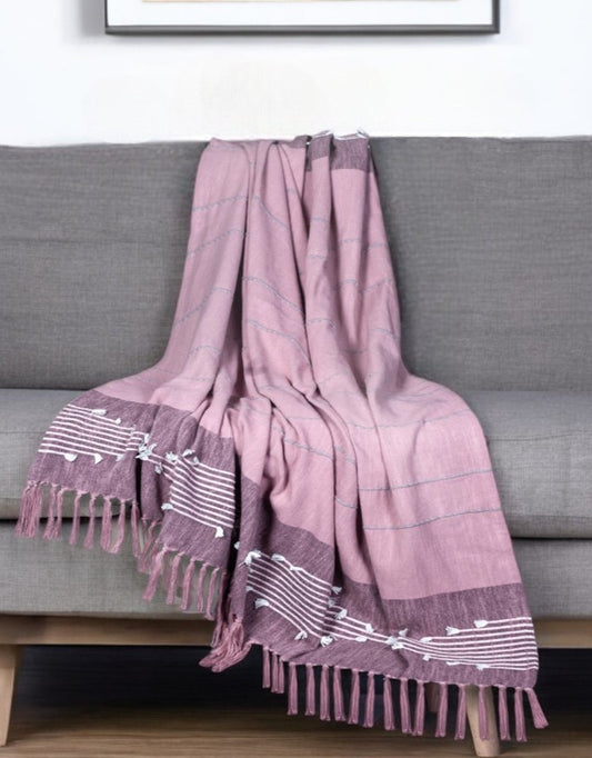 50" X 60" Pink Woven Cotton Striped Throw Blanket with Tassels and Embroidery