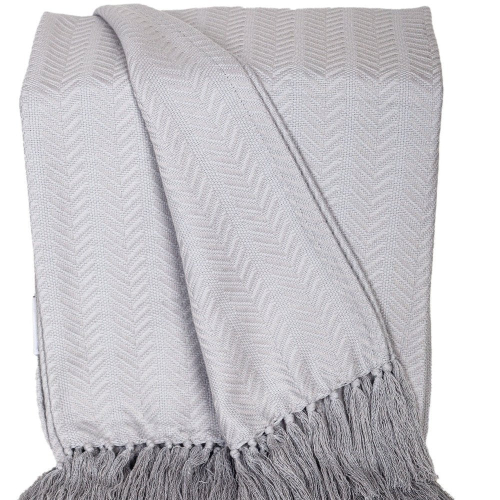 50" X 60" Gray Woven Cotton Herringbone Throw Blanket with Fringe