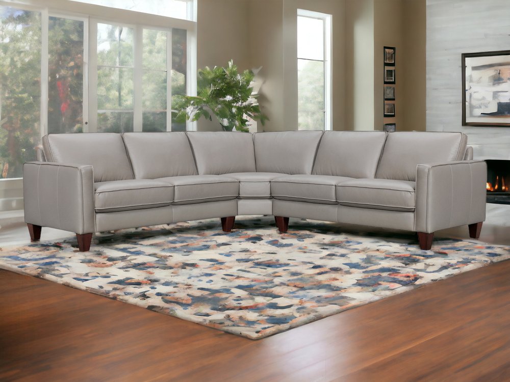Gray Leather L Shaped Three Piece Corner Sectional
