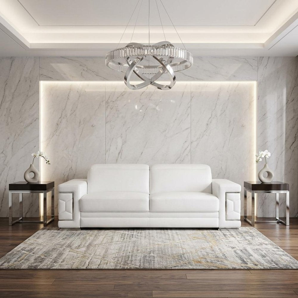 89" White Leather Sofa With Silver Legs