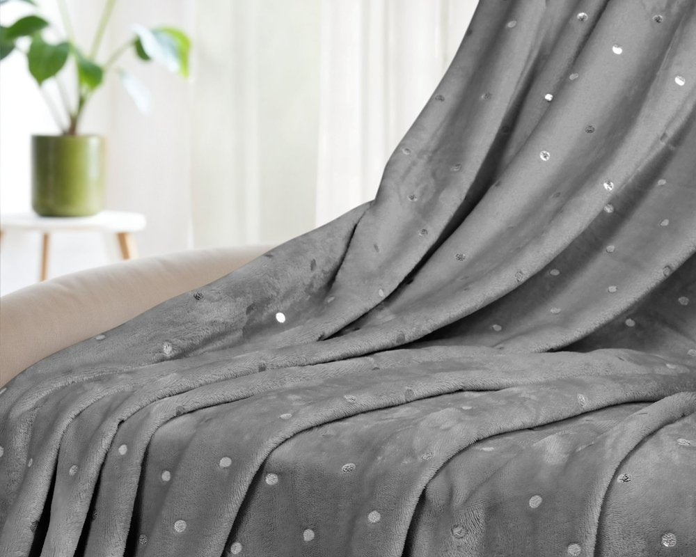 Queen Gray And Silver Fleece Woven Polka Dots Plush Blanket