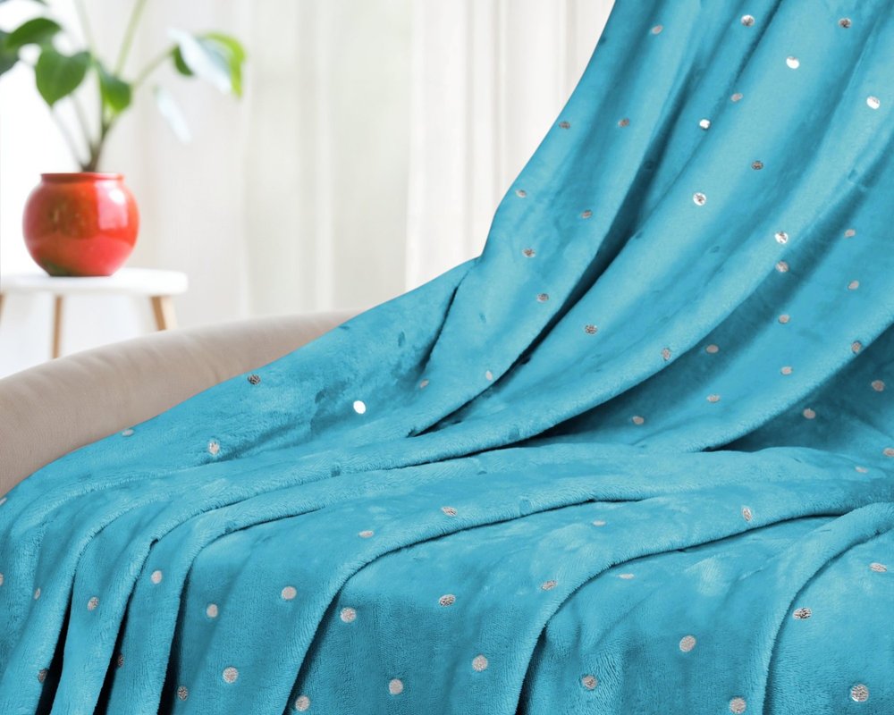 50" X 60" Light Blue And Silver Fleece Woven Polka Dots Plush Throw Blanket