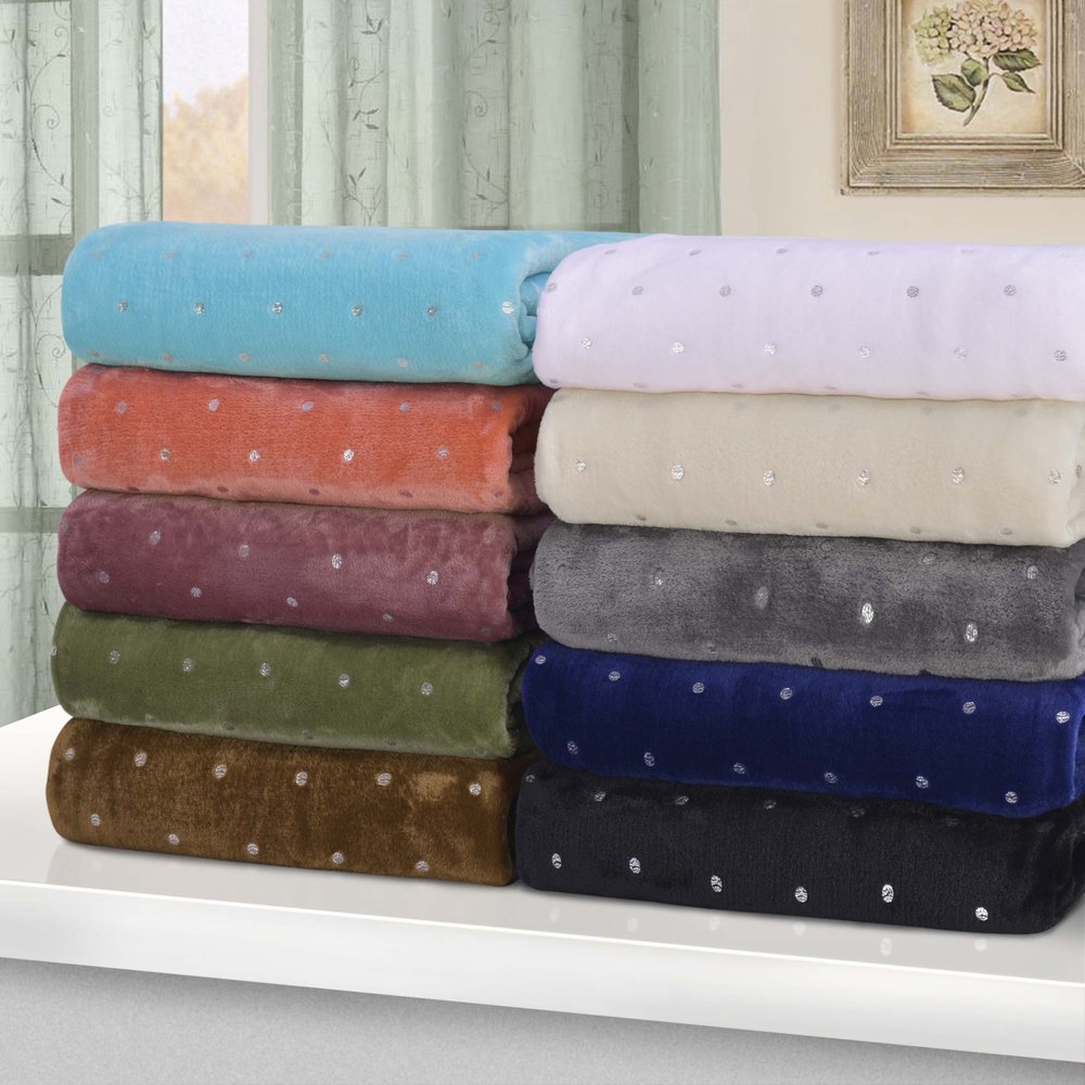 50" X 60" Light Blue And Silver Fleece Woven Polka Dots Plush Throw Blanket