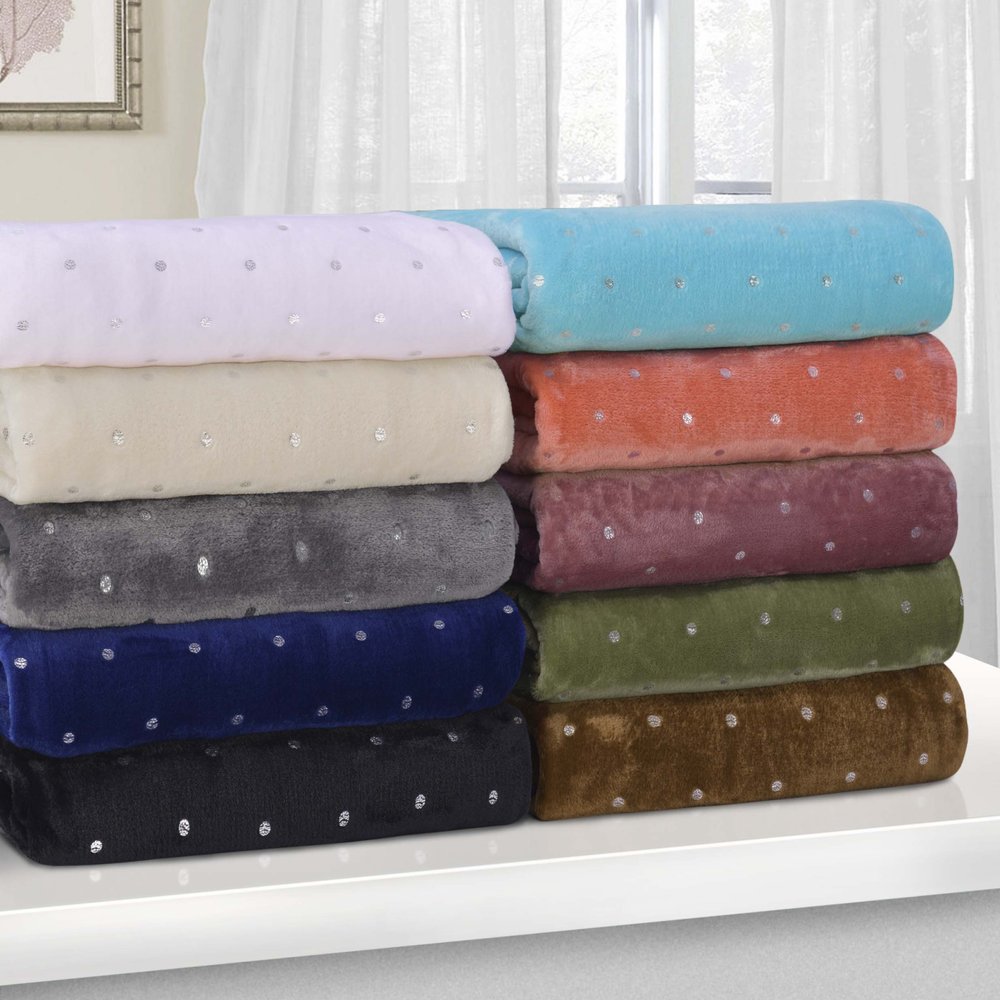 50" X 60" Light Blue And Silver Fleece Woven Polka Dots Plush Throw Blanket