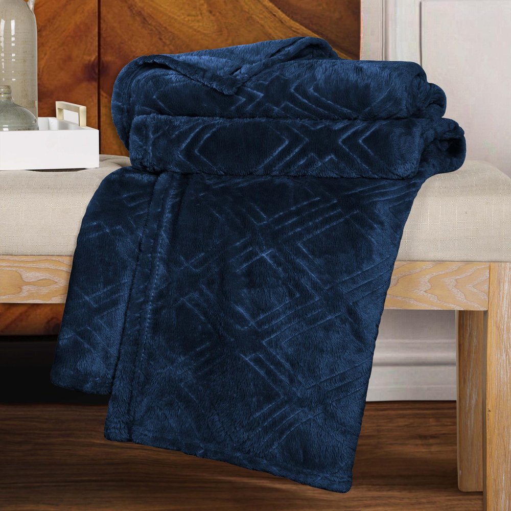 King Navy Blue Flannel Geometric Plush Blanket