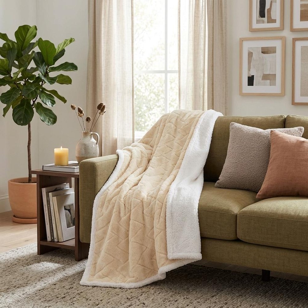 Queen Cream Fleece Geometric Plush Blanket