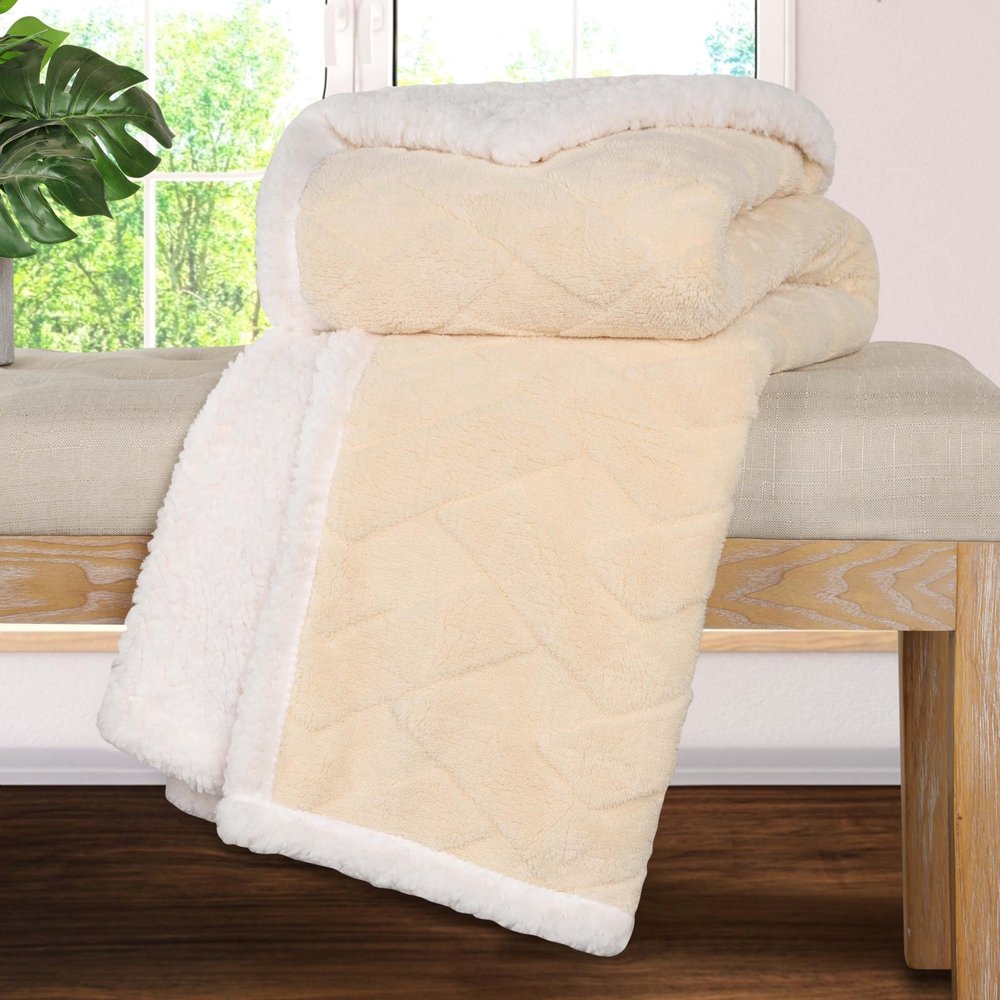 Queen Cream Fleece Geometric Plush Blanket