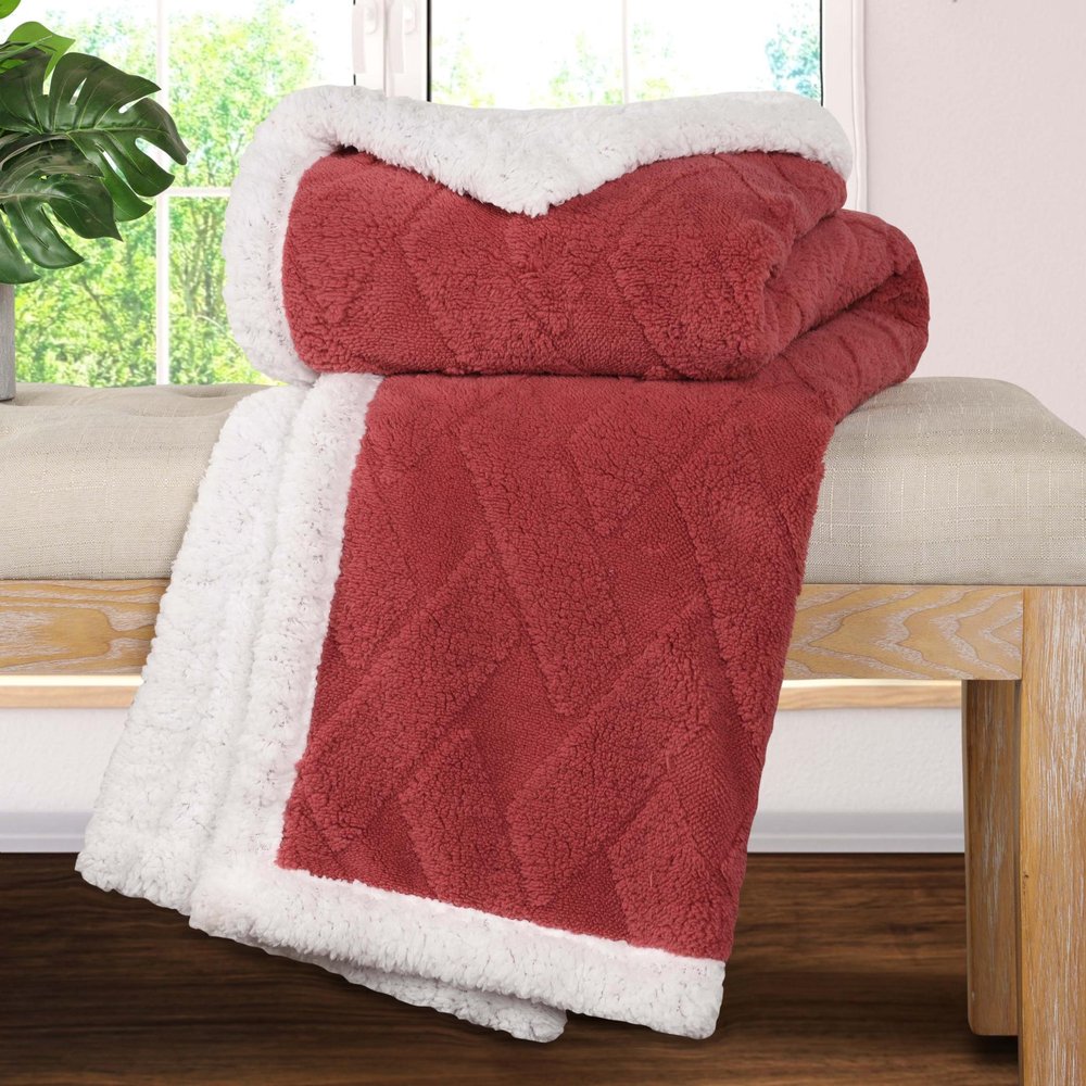 Queen Red And Orange Fleece Geometric Plush Blanket