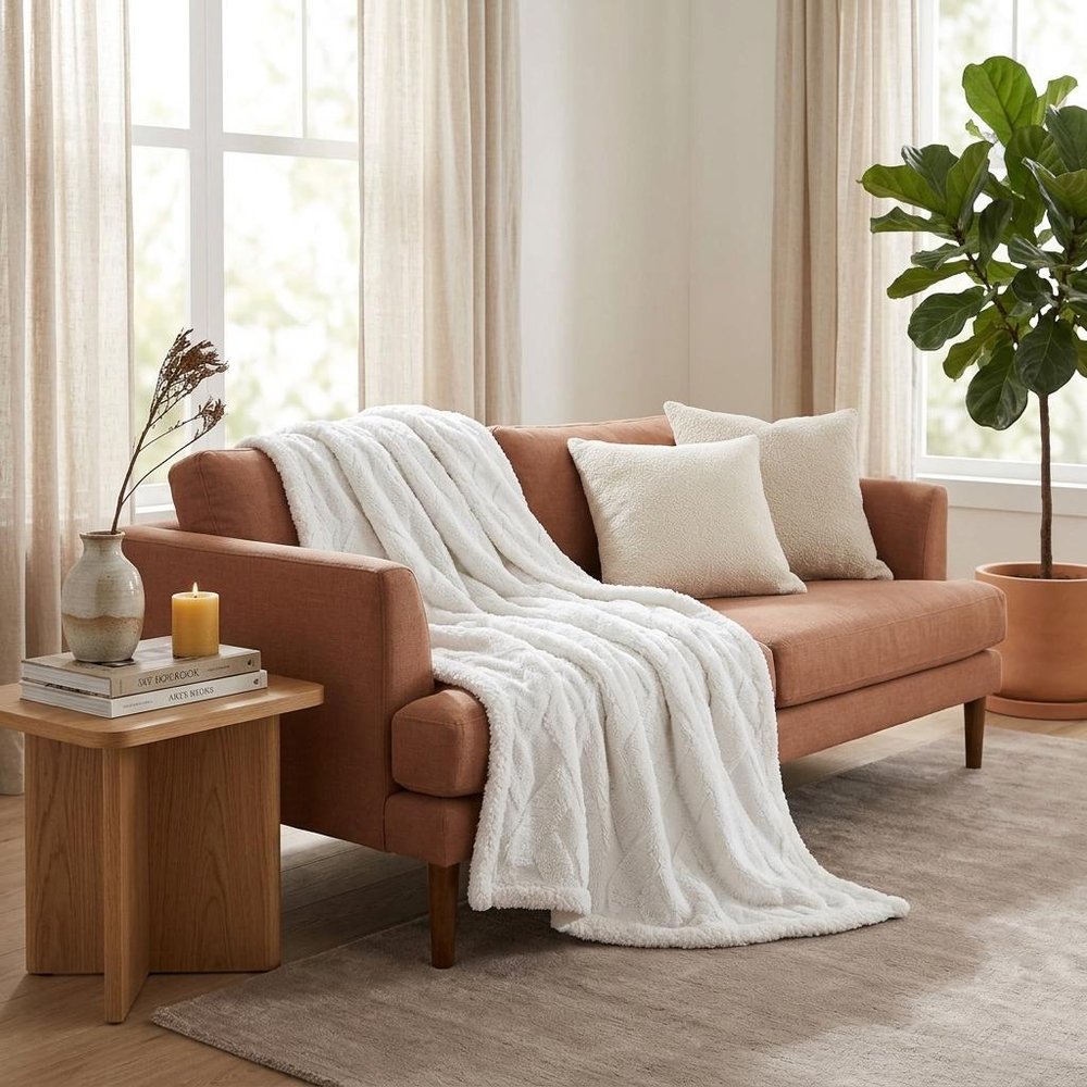 Queen White Fleece Knitted Plush Blanket