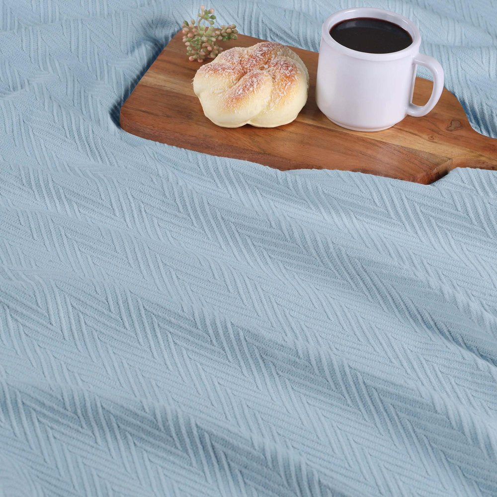 Queen Light Blue Cotton Chevron Blanket