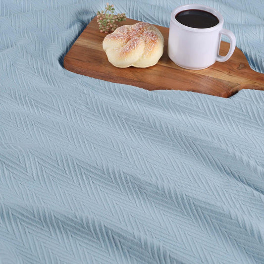 Queen Light Blue Cotton Chevron Blanket