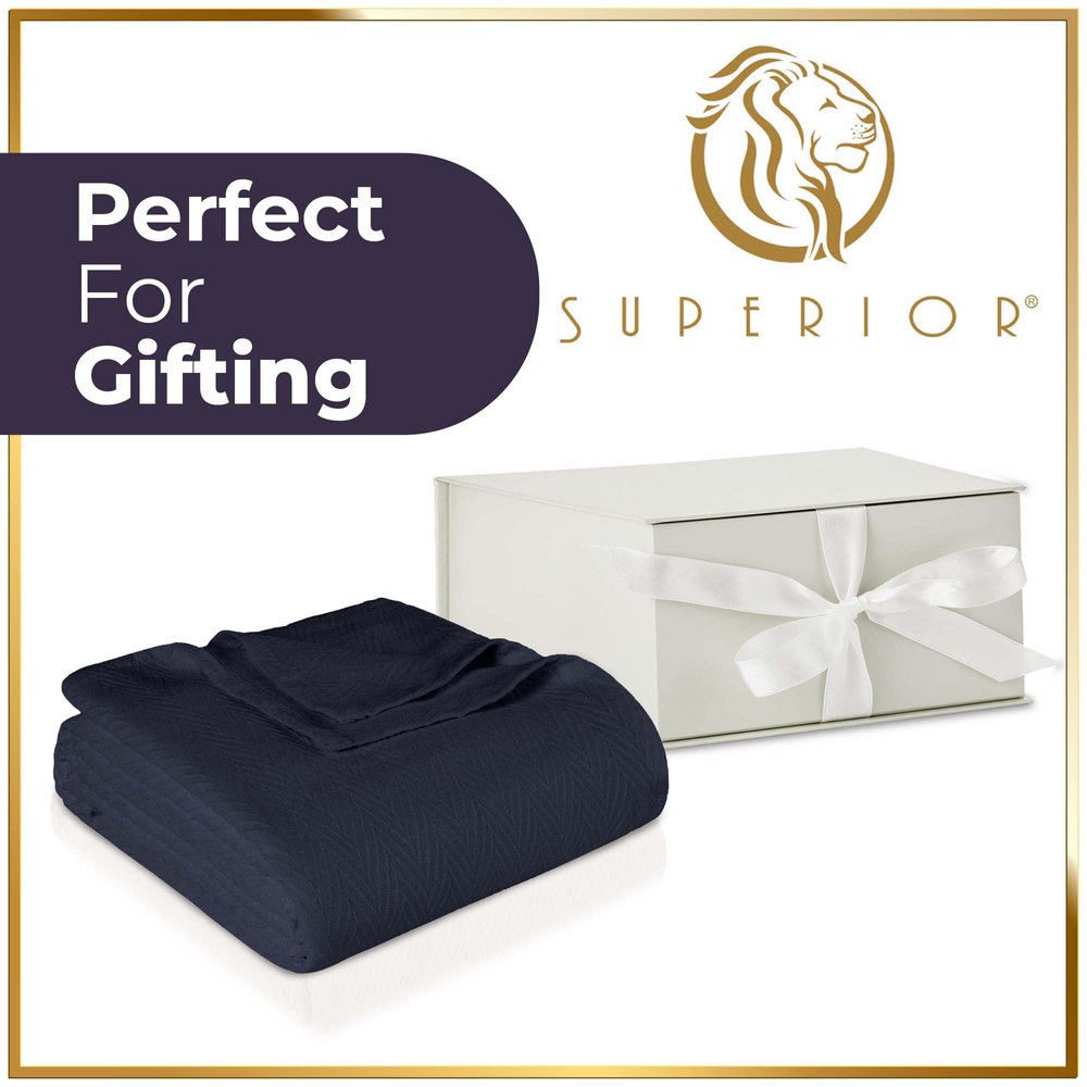 Queen Navy Blue Cotton Woven Chevron Blanket