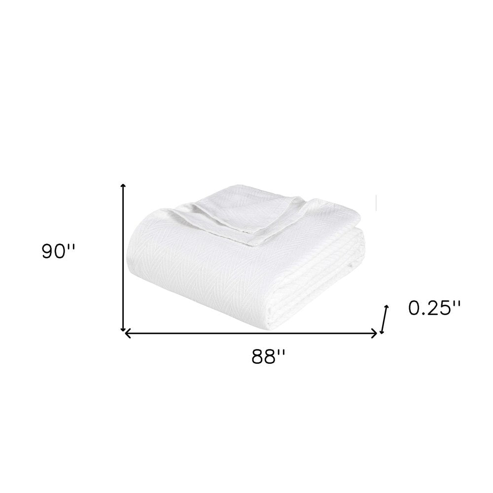 Queen White Cotton Woven Chevron Blanket