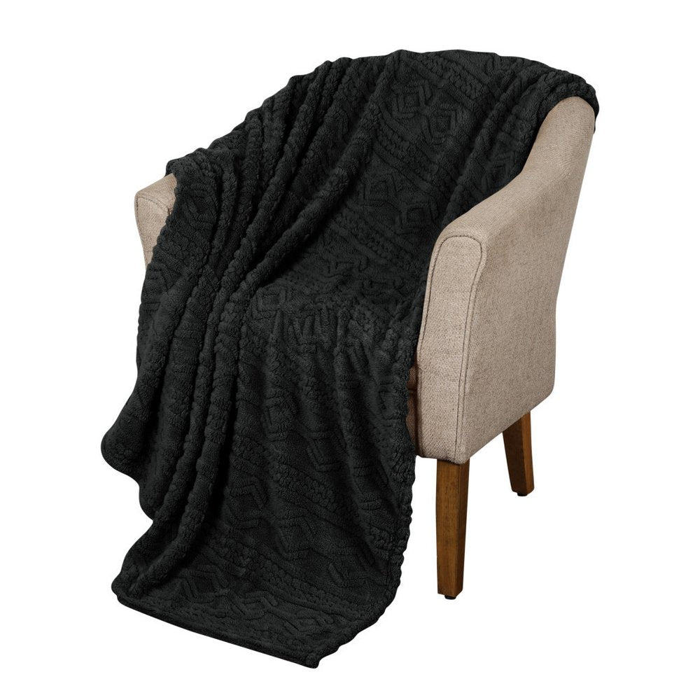 Queen Black Geometric Fleece Woven Plush Blanket