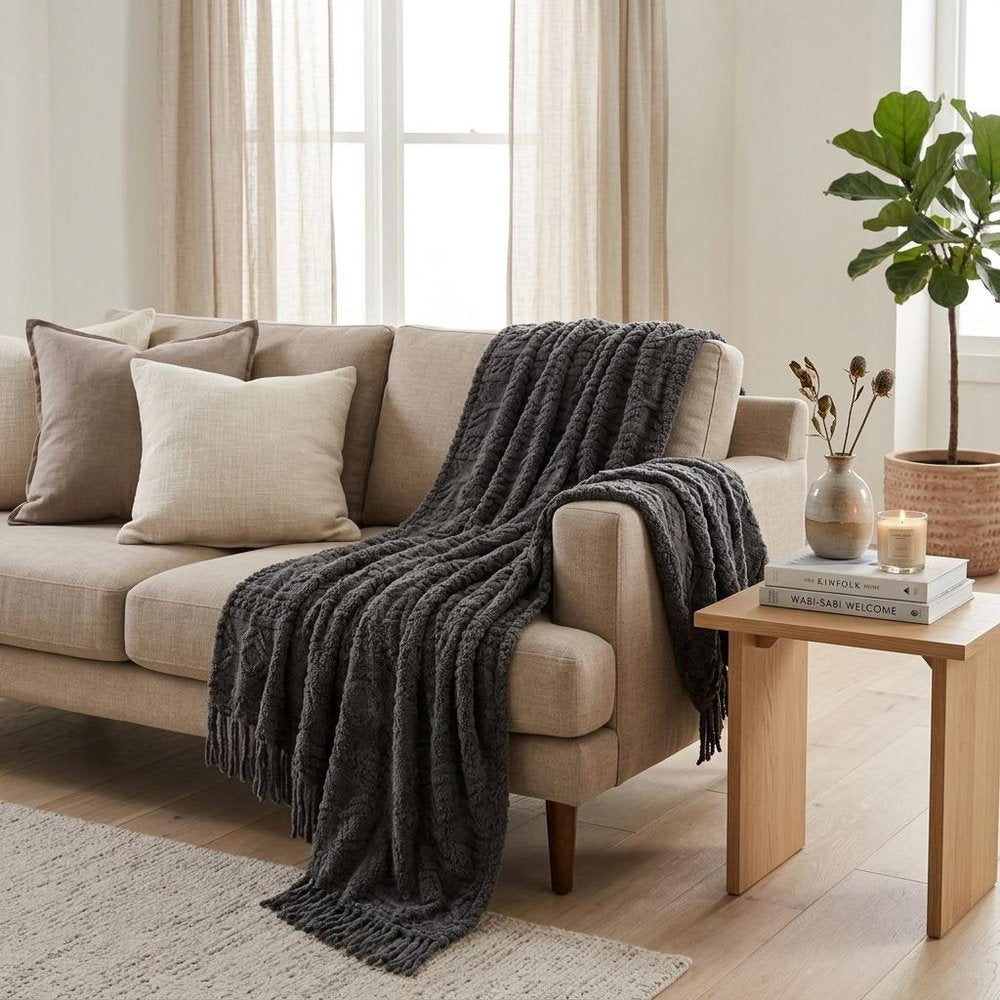 Queen Charcoal Fleece Knitted Plush Blanket
