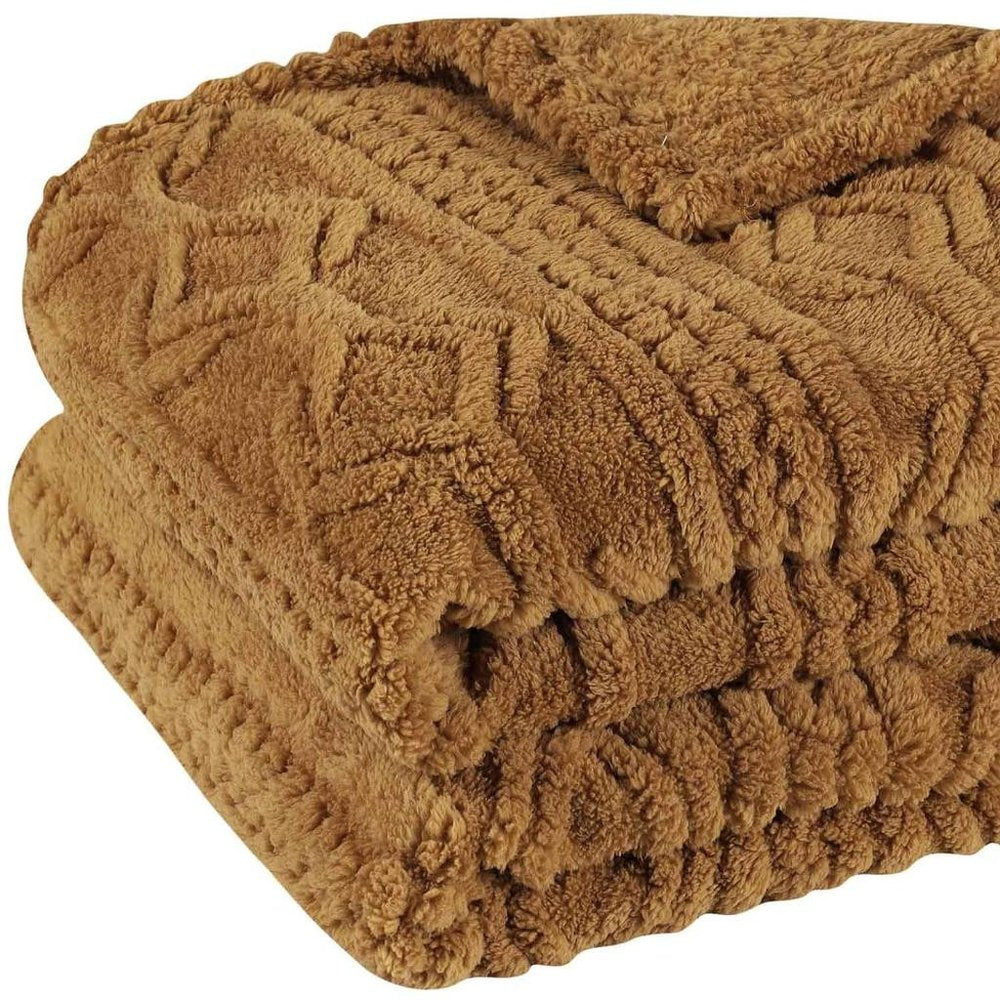 Queen Camel Polyester Knitted Geometric Plush Blanket