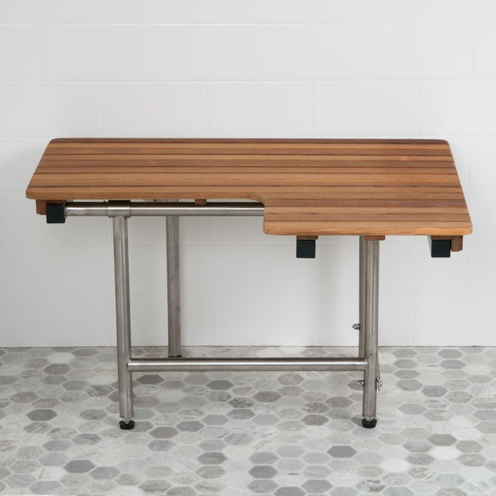 30" Brown Wall Mount Teak Rectangular Shower Bench With Legs