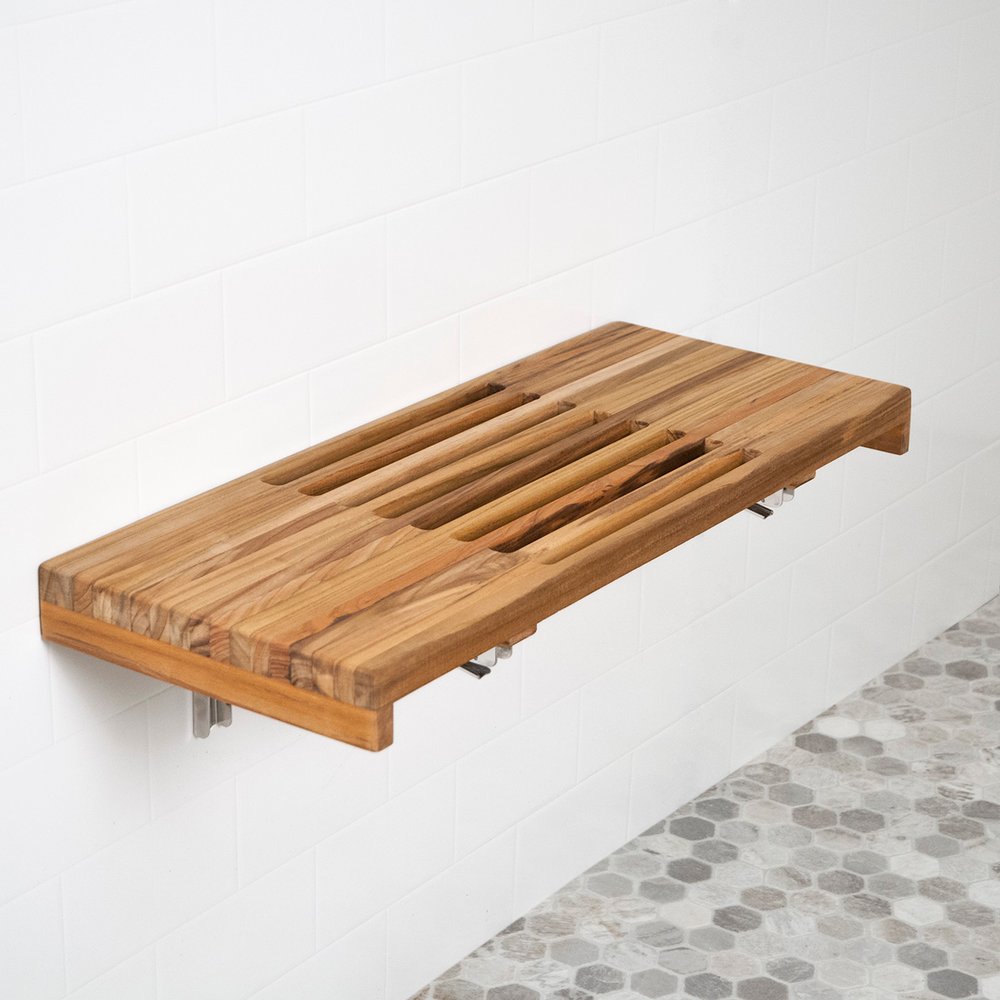24" Brown Wall Mount Teak Rectangular Shower Bench