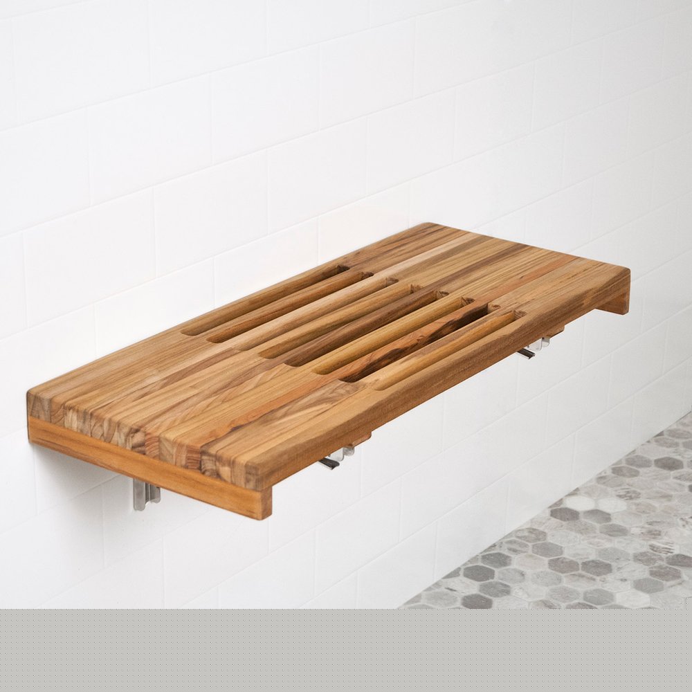 30" Brown Wall Mount Teak Rectangular Shower Bench