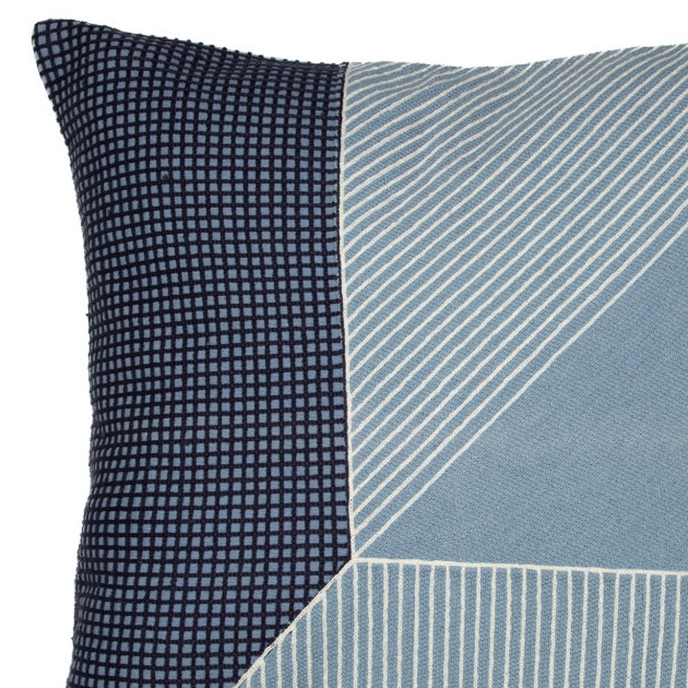 24" Blue and White Geometric Cotton Throw Pillow With Embroidery