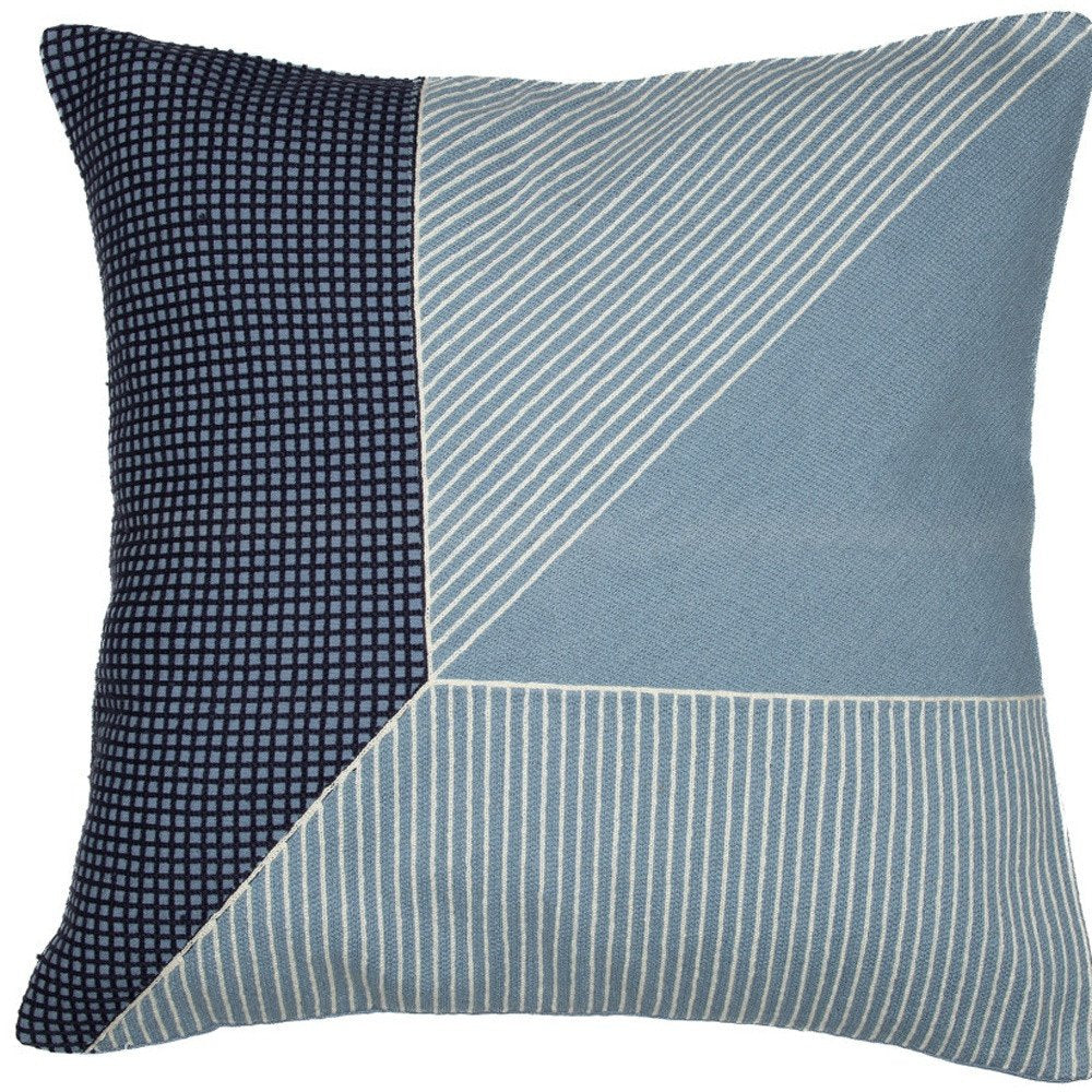 24" Blue and White Geometric Cotton Throw Pillow With Embroidery