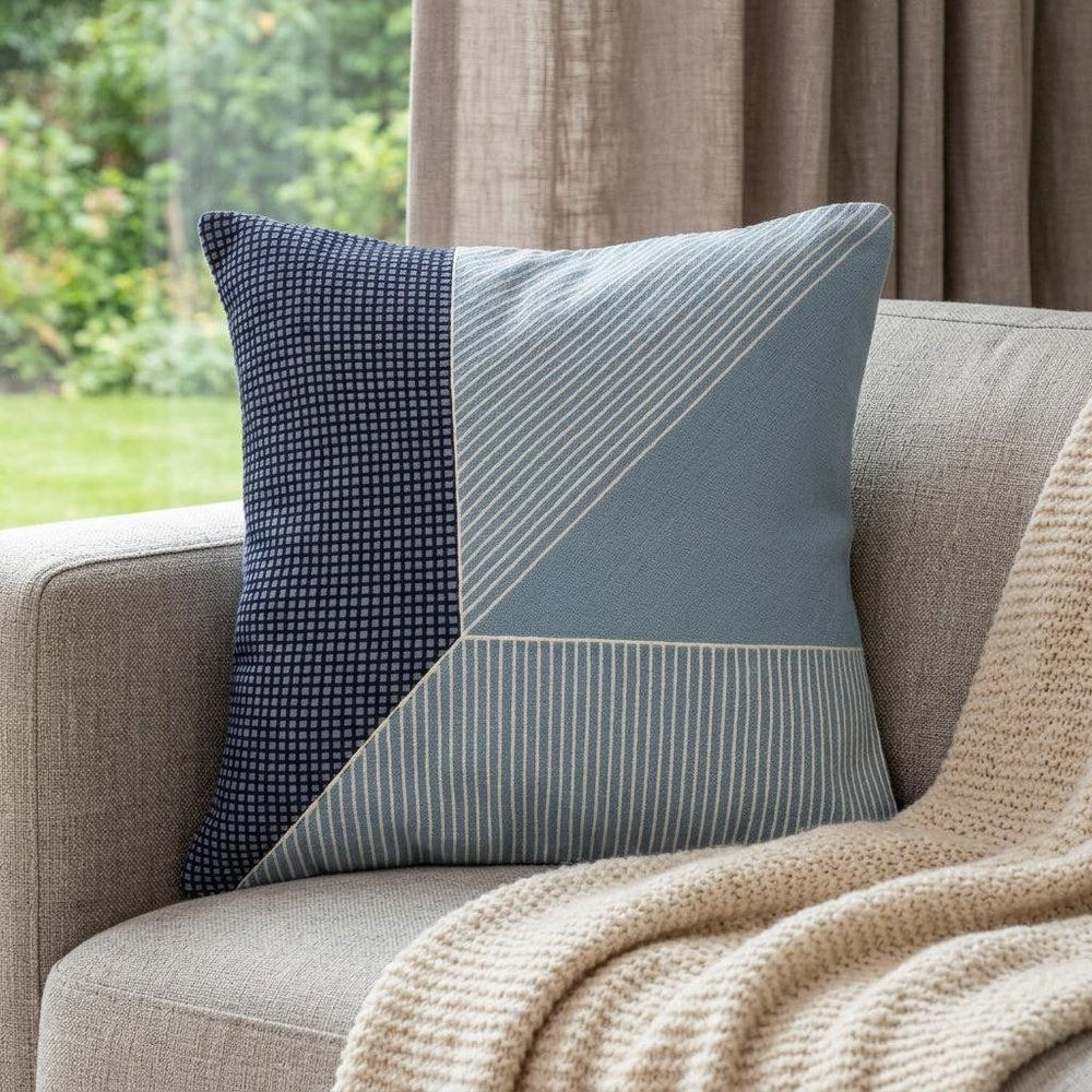 24" Blue and White Geometric Cotton Throw Pillow With Embroidery
