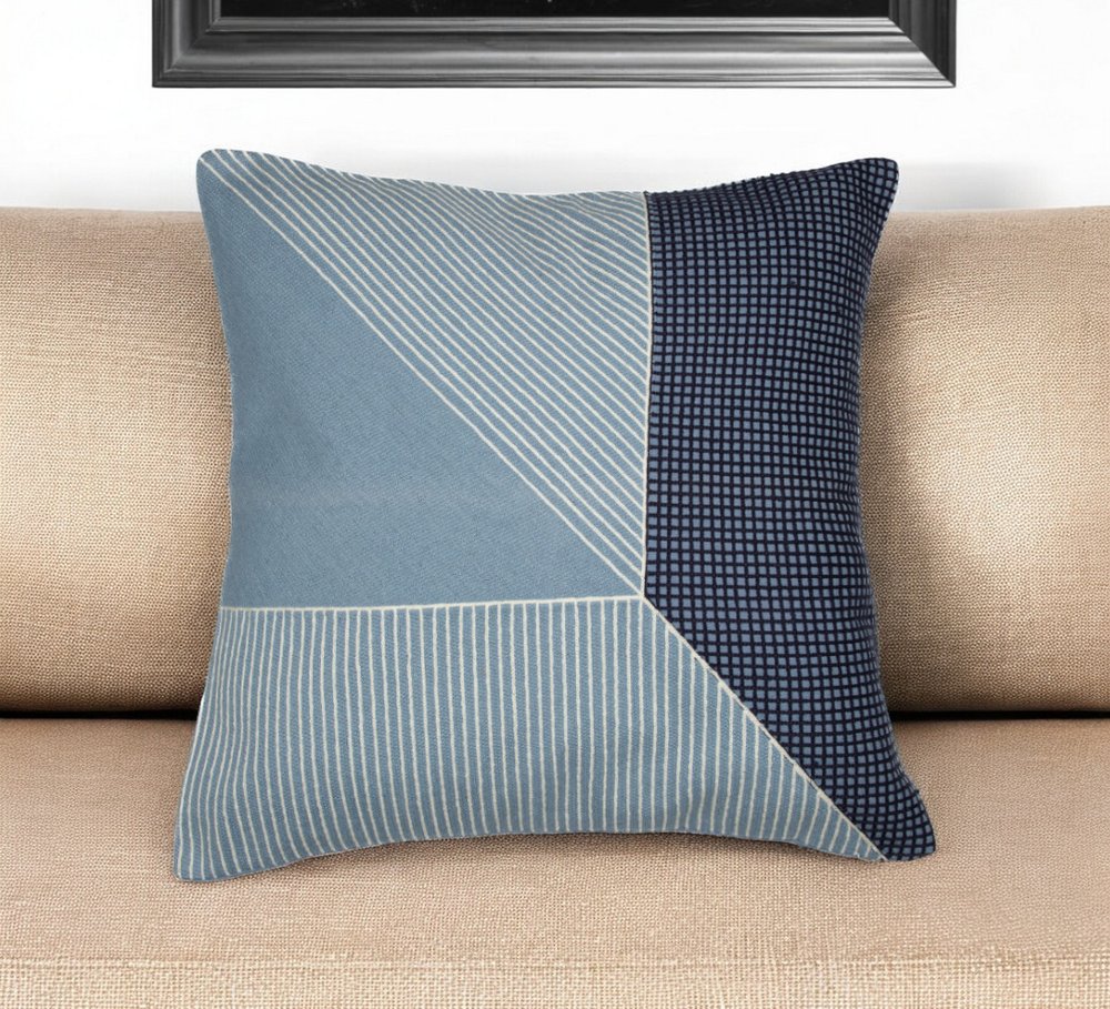 24" Blue and White Geometric Cotton Throw Pillow With Embroidery