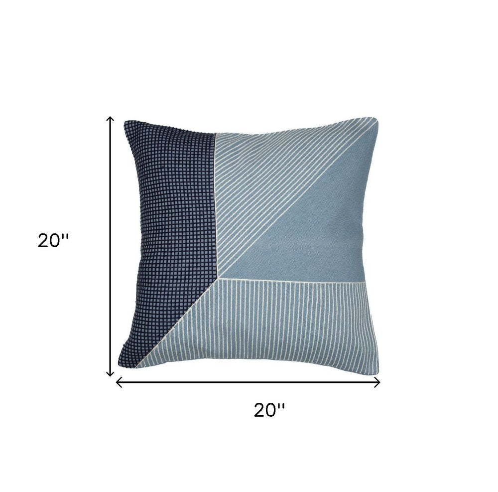 24" Blue and White Geometric Cotton Throw Pillow With Embroidery